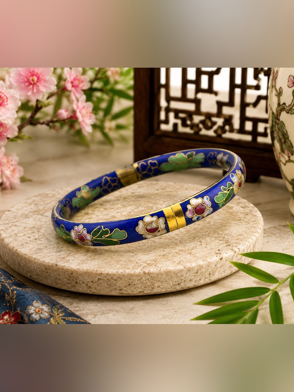 Blue Cloisonné Floral Enamel hinged Bangle Bracelet 7’